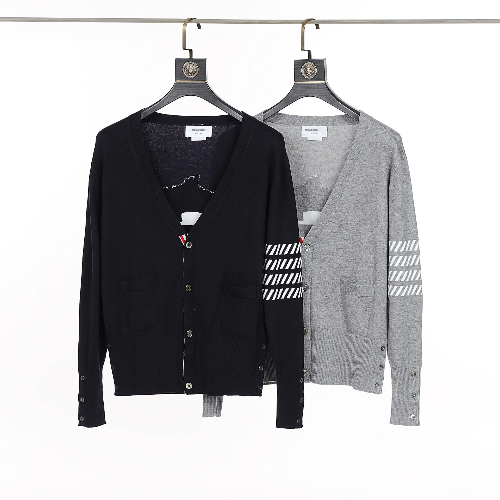 

TB BROWIN Cardigan Wool V-Neck Animal tb Striped Long Sleeve Cotton Sweater Cartoon Jacket Men Women Outerwear High Quality Coup