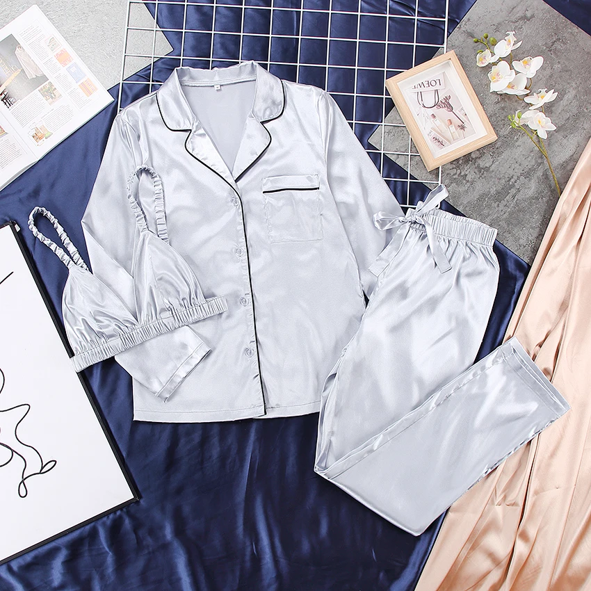 

HiLoc Solid Satin Robe Set With Bra Sexy Pajamas Set Female Home Suit For Women Pajama 2021 Spring Long Sleeve Sleepwear Fashion