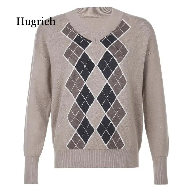 

Preppy Style Vintage V Neck Sweater Women Autumn Casual Argyle Plaid Y2K Jumper Female Korean Fashion Pullover Winter