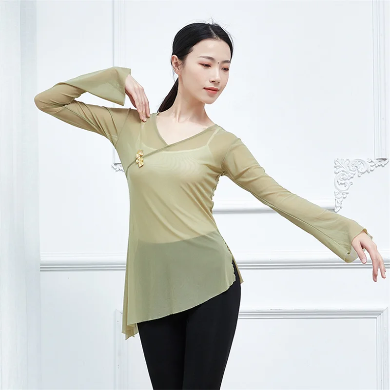 

New Arrival Women Classical Dance Costumes Translucent V-neck Gauzy Blouse Bell-bottomed Sleeve Breathable Dance Practice Top