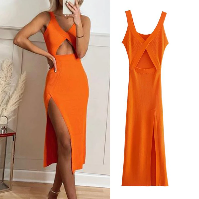 

FAKUNTN Dress Za fashion simple stretch tight V-neck hollow women dress 2021 summer new style 100% cotton chic street party