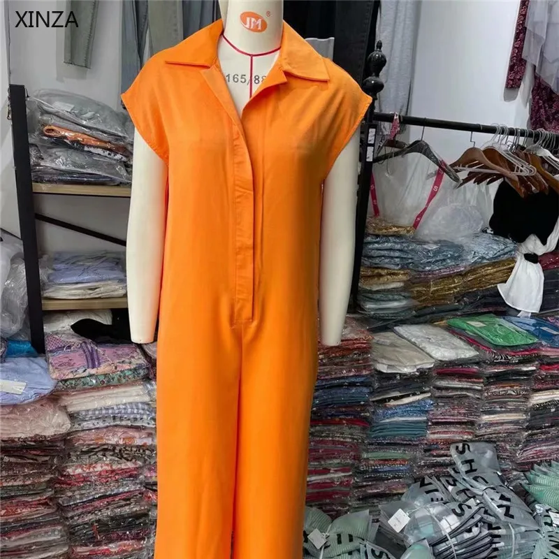 

2021 Za Women Orange Sleeveless Jacquard Jumpsuit Traf Vintage Wide Leg Summer Long Jumpsuits Woman Front Snap Button Romper