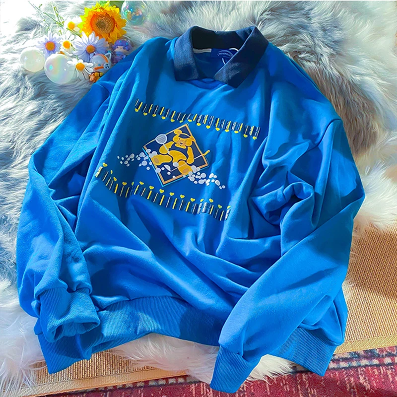 

High Quality POLO Shirt Bear Cartoon Sweatshirt Women Streetwear Kawaii Clothes for Teens Harajuku Japan Fashion Tops Large 2XL