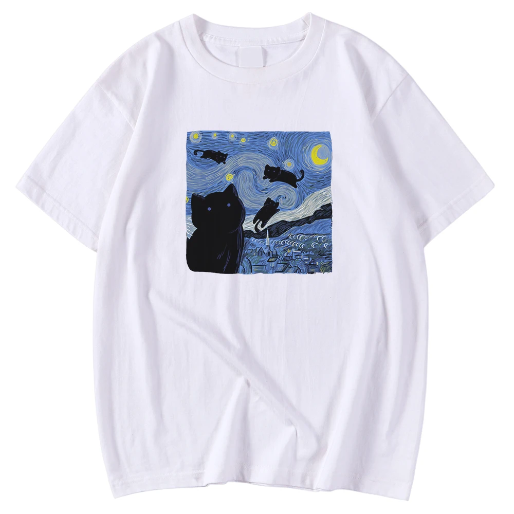 

Starry Night Cat In The Print Oversized Crewneck Men's Tshirt Short Sleeve TshirtsClothing Fashion Loose Tshirts Kohpweran