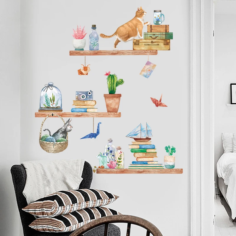 

Cartoon Cats Bookshelf Wall Stickers for Bedroom Living room Nursery Wall Decor Vinyl Animals Potted Wall Decals Home Decoration