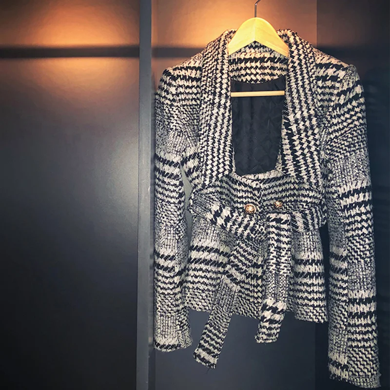 Женский клетчатый твидовый блейзер с отложным воротником двубортный карманами и