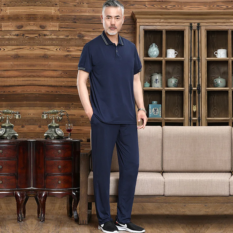 

Fashion Solid Mens Clothes Summer 2 Piece Set Men Turn-down Collar Zipper Tops And Drawstring Pants Outfit Casual Suits 3XL