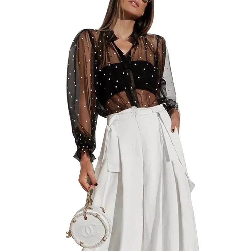 

Women Polka Dot Retro Blouse Lady Early Autumn Modern Mesh Shirt Vogue See-through Loose Button Puff Sleeve Blouse High Street