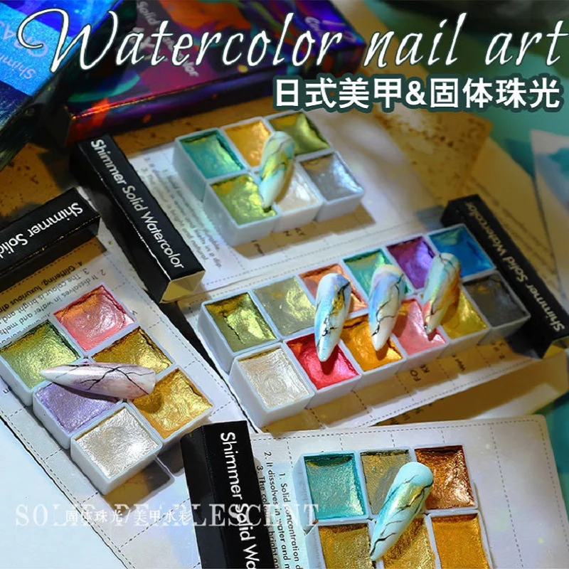 

6 Colors Metallic Solid Pearl Watercolor Paint Chrome Pigment Set for Nail Art Tips Drawing Liner Decoration Blooming Flower DIY