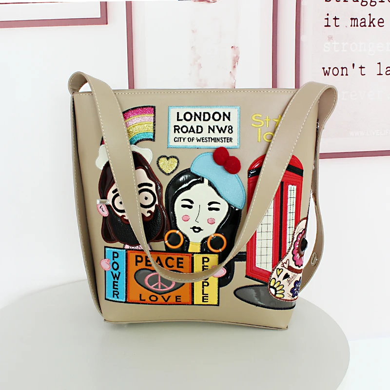 

Creative Cartoon Embroidered Ladies Pu Leather Crossbody Handbags Shoulder Bag Women Fashion Zipper Big Capacity Bucket Bags