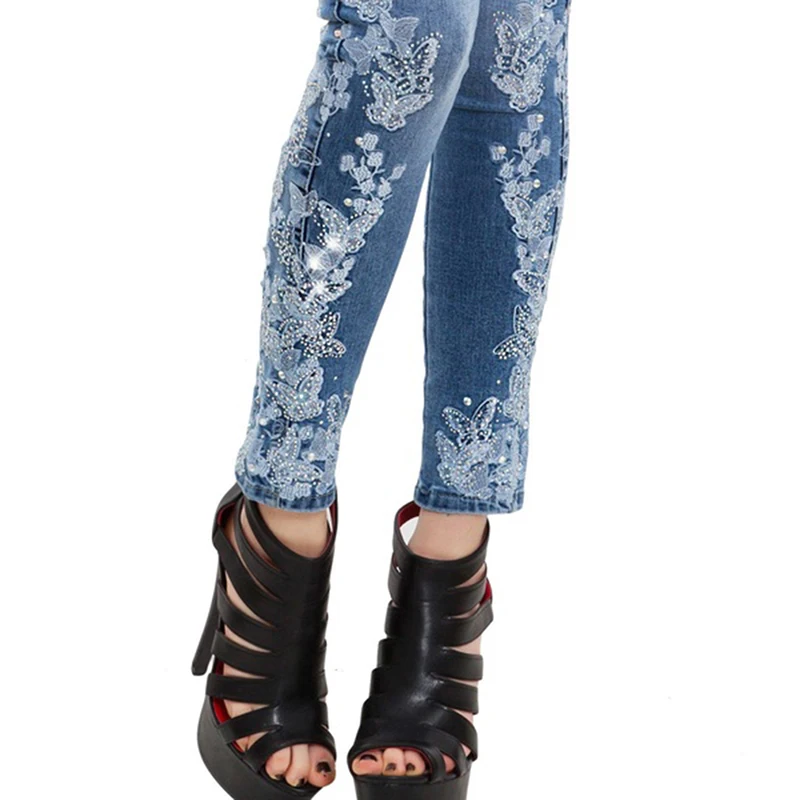 

Stretch Embroidered Jeans For Women Elastic Flower Jeans Female Slim Denim Pants Pattern Jeans Pantalon Femme