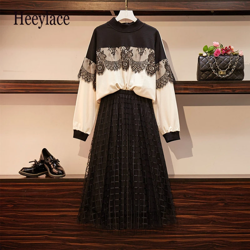 Вязаный костюм большого размера плюс женский свитер костюмы с юбкой пуловер +