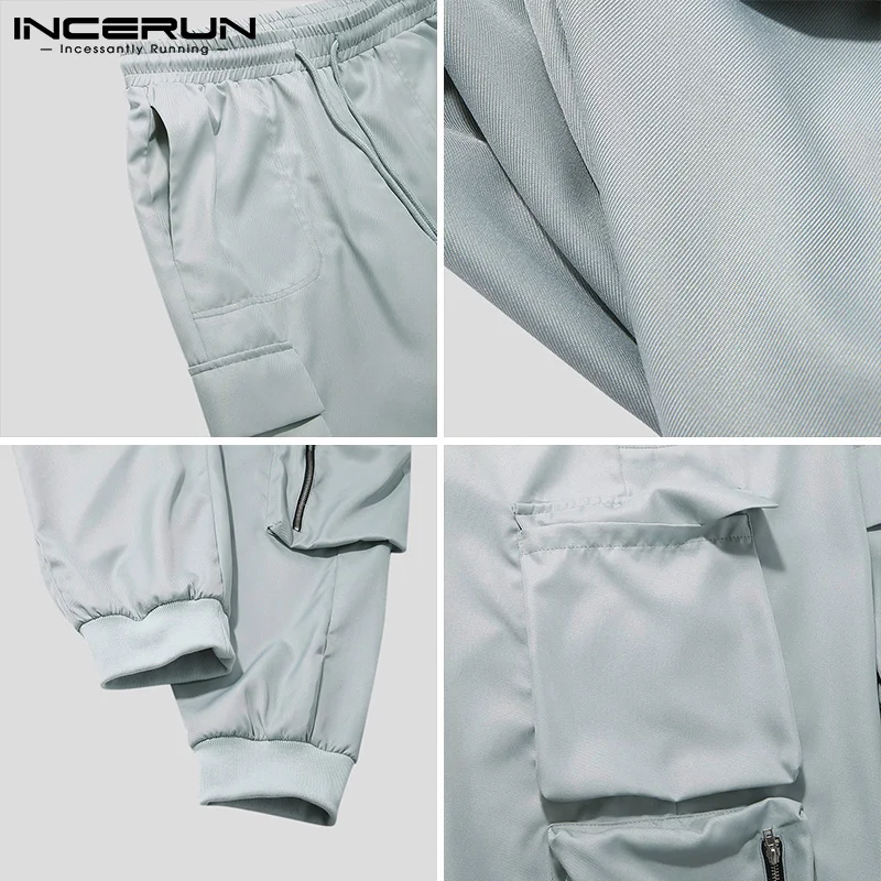 

INCERUN Fashion Men Casual Pants Solid Streetwear Drawstring Multi Pockets Cargo Trousers Men Joggers Leisure Pantalon 2021 5XL