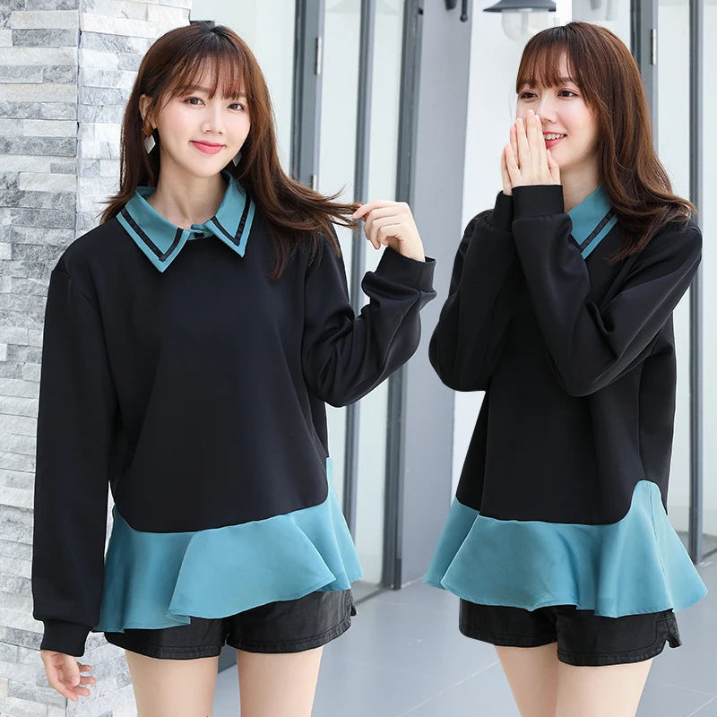 

Black False Two Piece Fleeces Plus Large Size Oversize Korean Fashion Autumn Women'S Clothing Female Pulovers Sweatshirt Kawaii