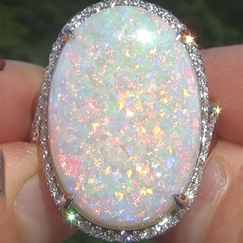 Milangirl Large Oval Fire Opal Ring Fashion Jewelry White Moonstone Bright Color Rings for Women Wedding Engagement Ring