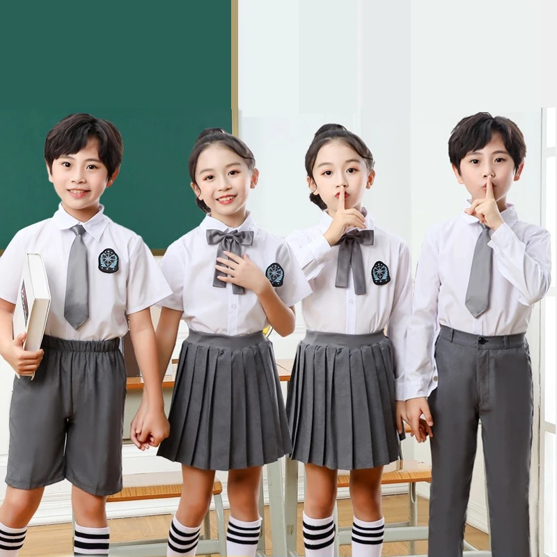 

Детская школьная униформа, комплект для мальчиков и девочек, брюки, шорты, галстук, носки, ученики начальной школы, черный, серый, темно-синий...