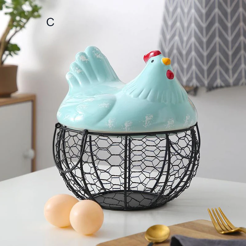 

Metal Wire Basket with Ceramic Hens Cover Fruit Basket Egg Holder Decorative Kitchen Storage Baskets for Household Items C44
