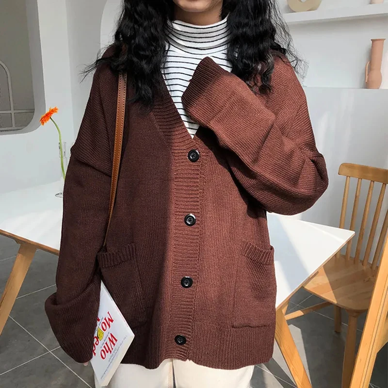 

Simple Single-breasted Big Pocket Knitwear Woman Sweaters Autumn Winter Long Sleeve Preppy Sweater New V-neck Loose Sweater Coat