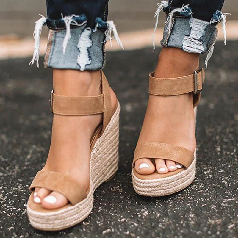 

Summer Sandals Women Wedges Heels Platform Hemp Shoes Ladies Candy Color Casual Girls Slip On Strap Cross Girls Plus Size 2021