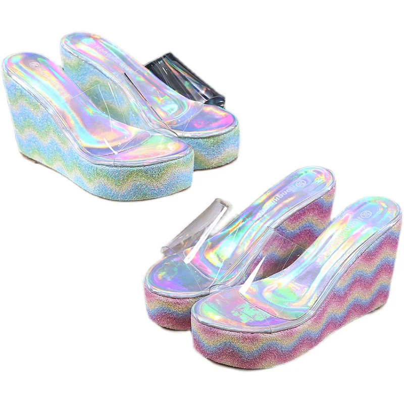 

House Slippers Platform Summer Women's Shoes Slides Peep Toe Multicolored Sandals Transparent Heel Pantofle On A Wedge Heeled Mu