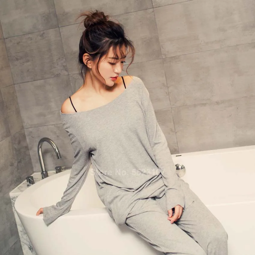 

Women Pajamas Set Pure Color Full Sleeve Modal Sleepwear Full Sleeve Top Long Trousers Set Lounge Loose Style O-neck Nightwear