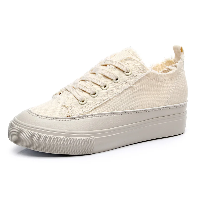 

Ladies Casual Canvas Shoes Summer College Style Fashion Hot Sale Thick-Soled 5 Cm High Lace-Up Single Shoes Comfortable.