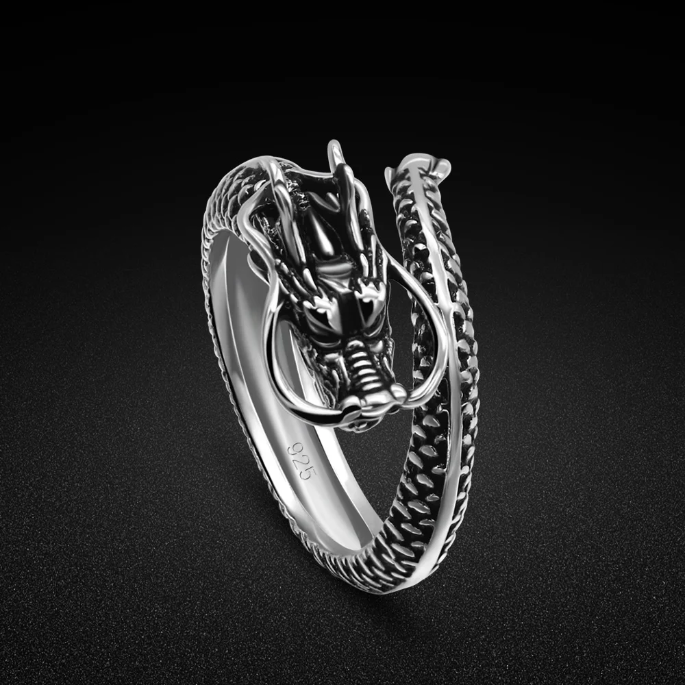 Мужское Винтажное кольцо в китайском стиле форме серебряного дракона Открытое с
