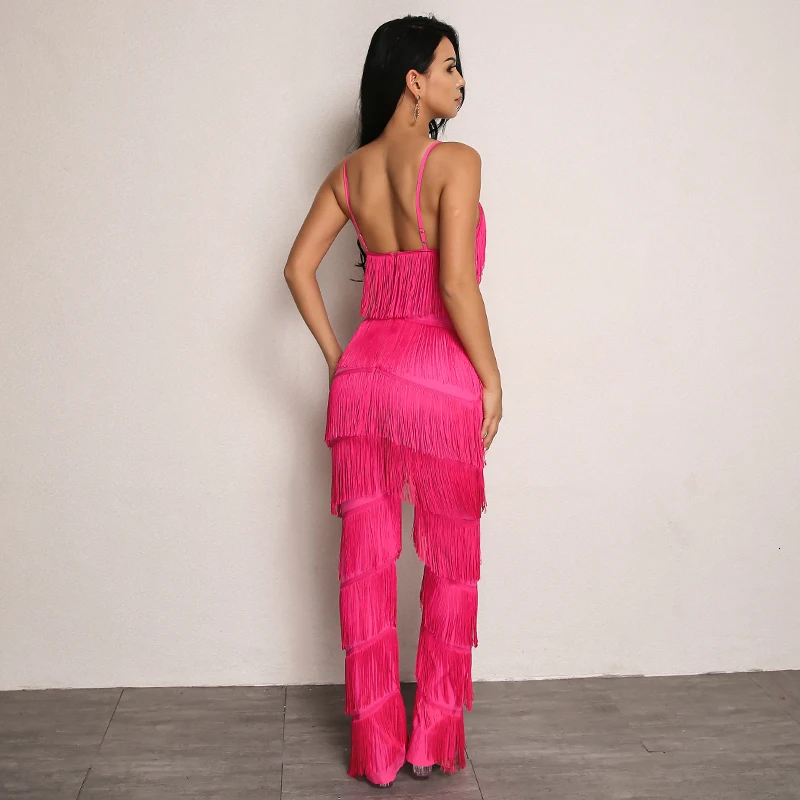 Женский комбинезон Yissang Красный Длинный с открытой спинкой и кисточками на