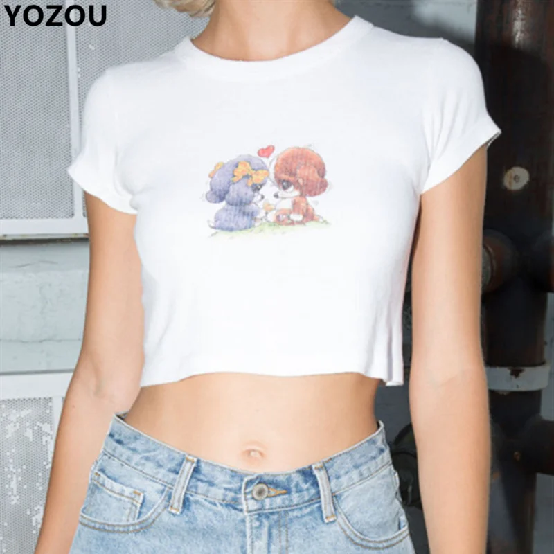 Женский летний хлопковый укороченный топ с рисунком маленькой собаки и круглым