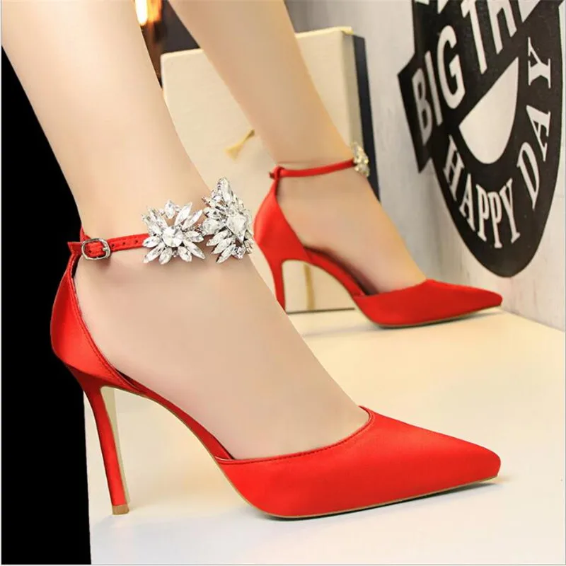 

Elegant Rhinestone Women Pumps High Heels Silk Pointed Toe Buckle Strap Wedding Pumps Crystal Party Shoes Women