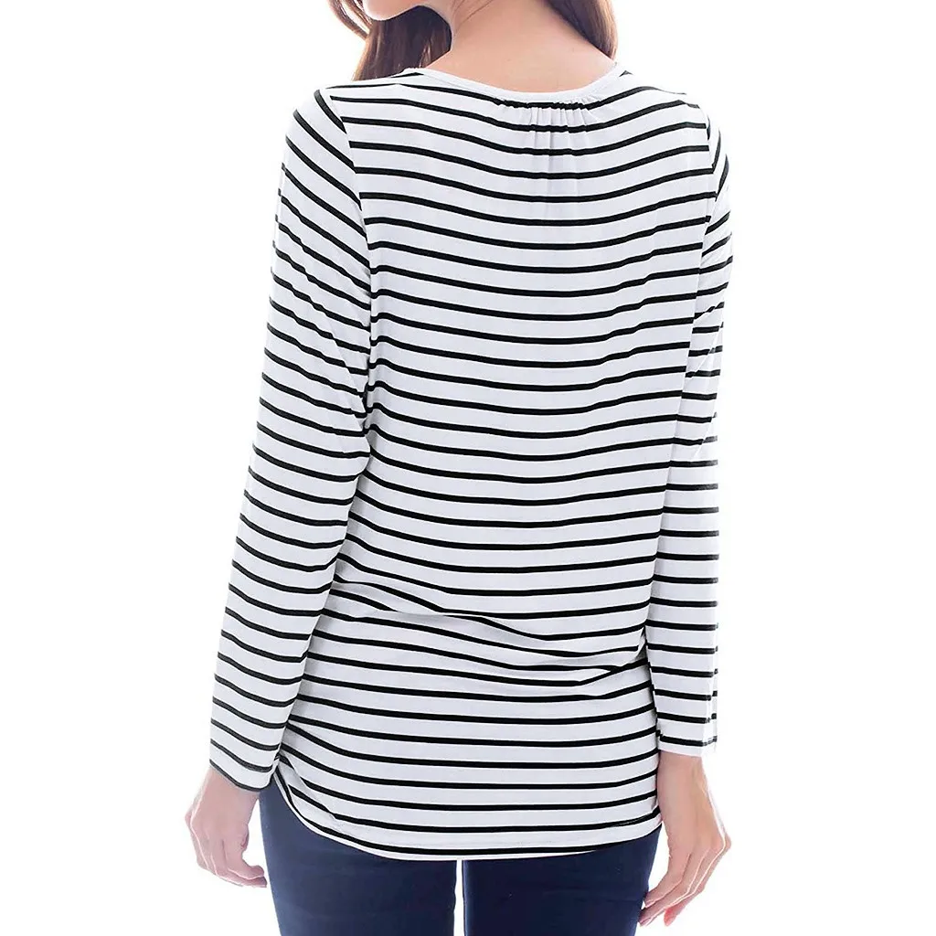 Для женщин блузка для беременных с длинным рукавом в полоску кормления футболки