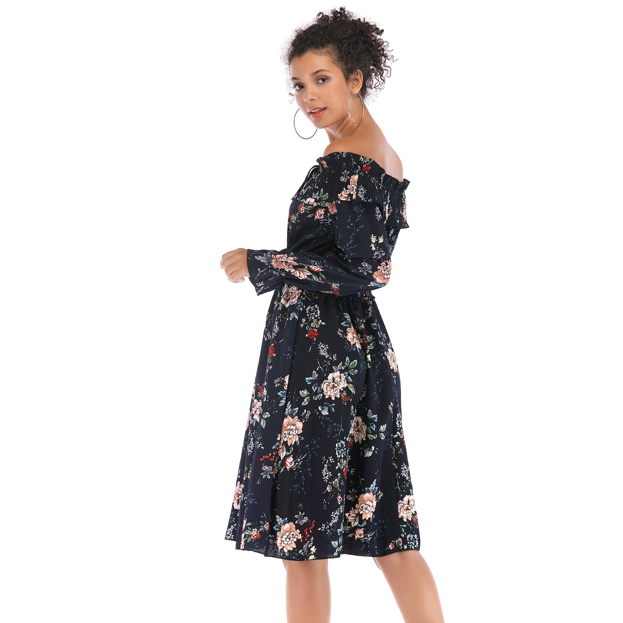

Sexy off-the-shoulder Chiffon Dress Spring Summer European and American Lotus Leaf Sleeve Floral A-line Skirt Elastic Waist