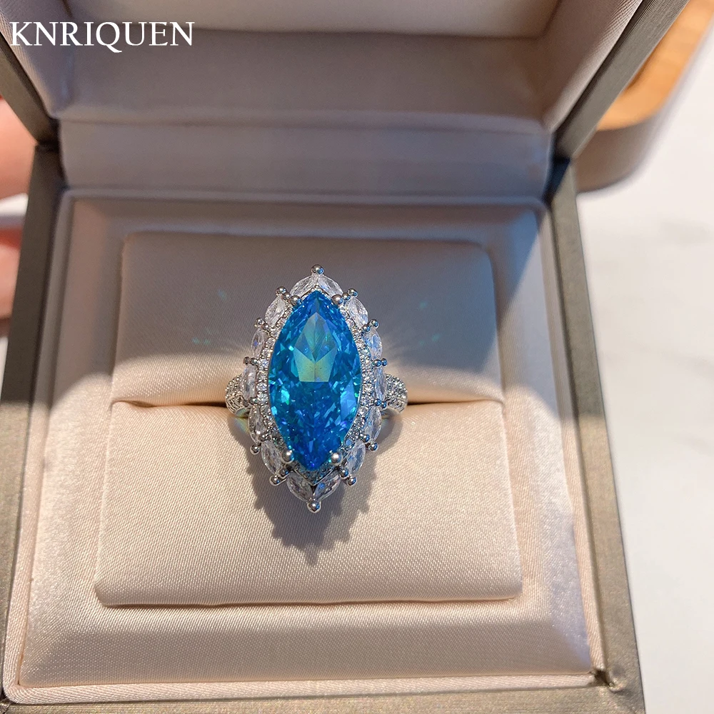 

Luxury Vintage 925 Sterling Silver 9*18mm Aquamarine Citrine Gemstone Women Rings Charms Lab Diamond Party Wedding Fine Jewelry