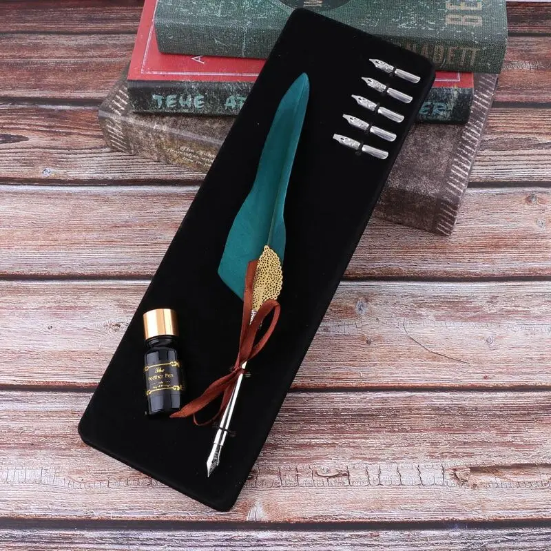 

English Calligraphy Feather Dip Pen Writing Ink Set Stationery Gift Box With 5 Nib Wedding Gift Fountain Pen U4LD
