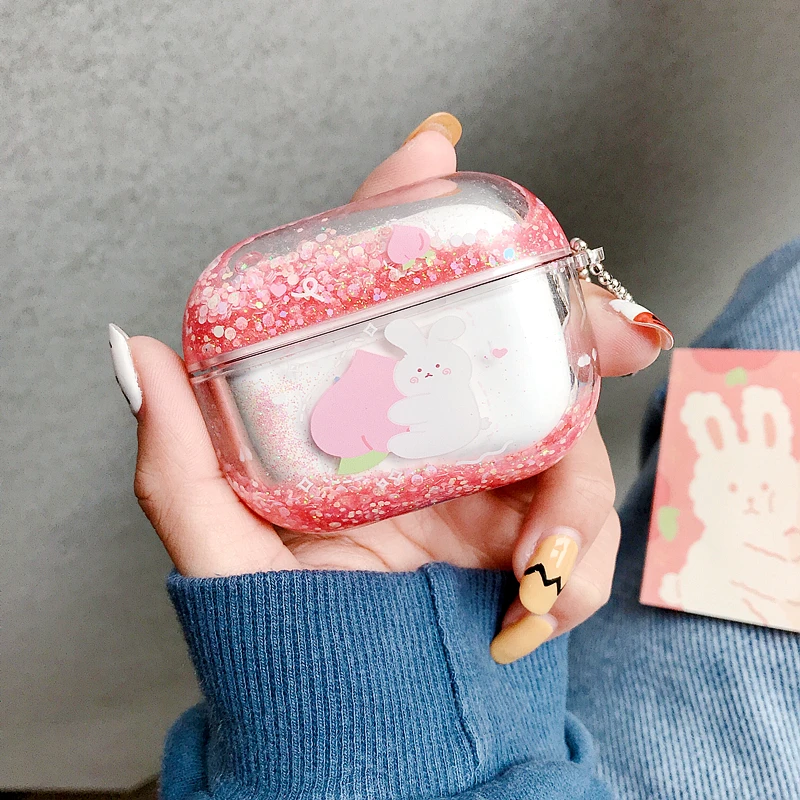 Блестящий чехол для AirPods Pro с динамической жидкостью и сыпучим песком Кроликом
