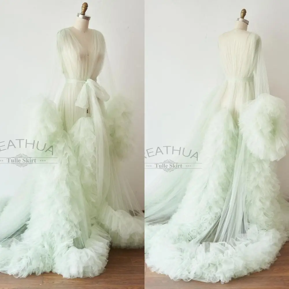 

Mint Green Bridal Night Pajamas Tulle Women Nightgowns Photography Gown Kimono Party Evening Robe Bathrobe Sleepware