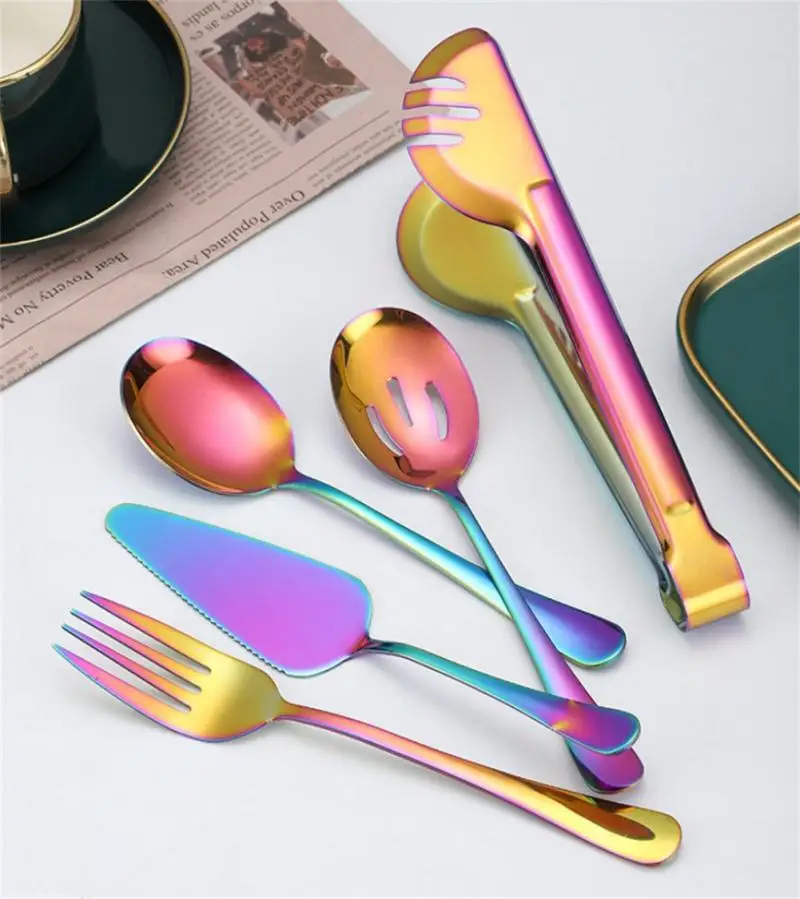 

Food Tongs Gold Long Handle Spoon Cutlery Dessert Fork Shovel Teaspoon Stainless Steel Steak Fork Slotted Spoon Home Supplies