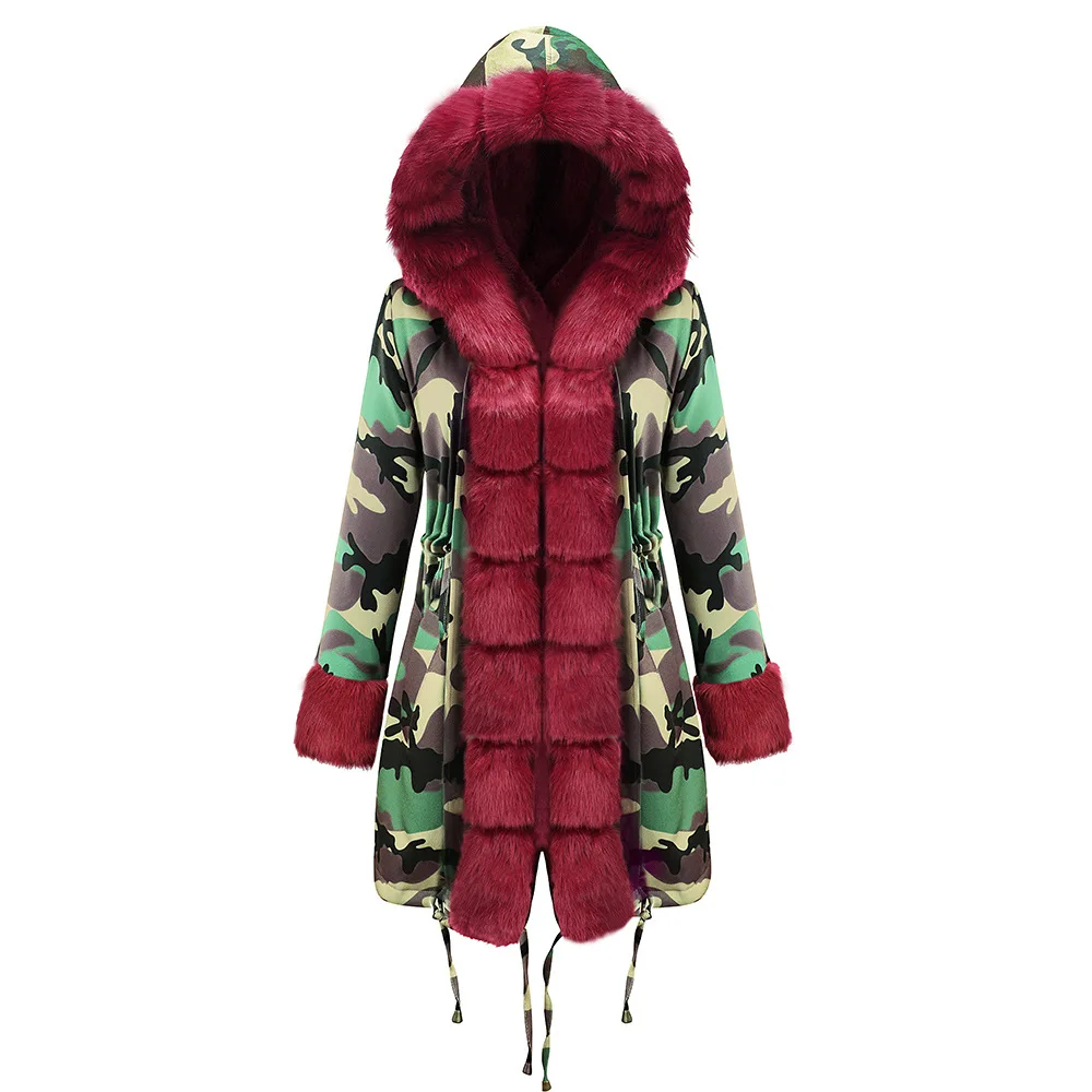 Winter Women Long Cotton Coat 2021 Plus Velvet Warm Thick Outwear Jacket  Fur Collar Coats Winter Casual Camouflage Print Parkas