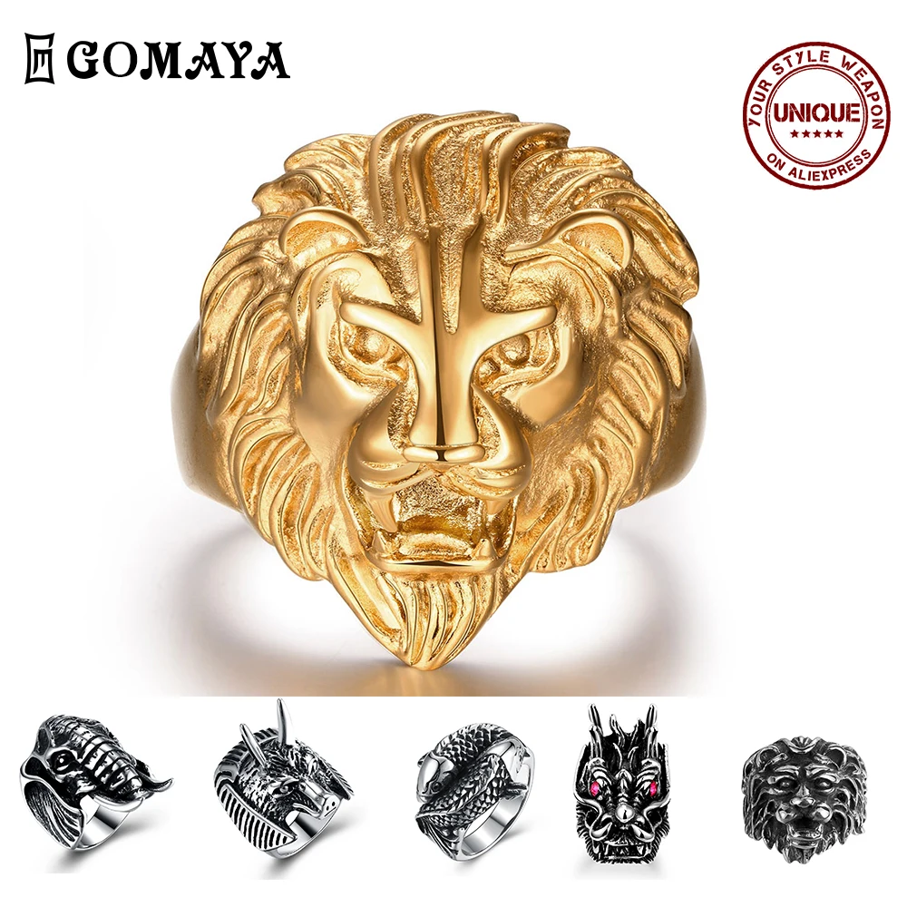 

GOMAYA Domineering Lion Wolf Dragon Shape Rings Fashion For Men Punk Gift Jewelry Rings Men's Stainless Steel Retro Animal Ring