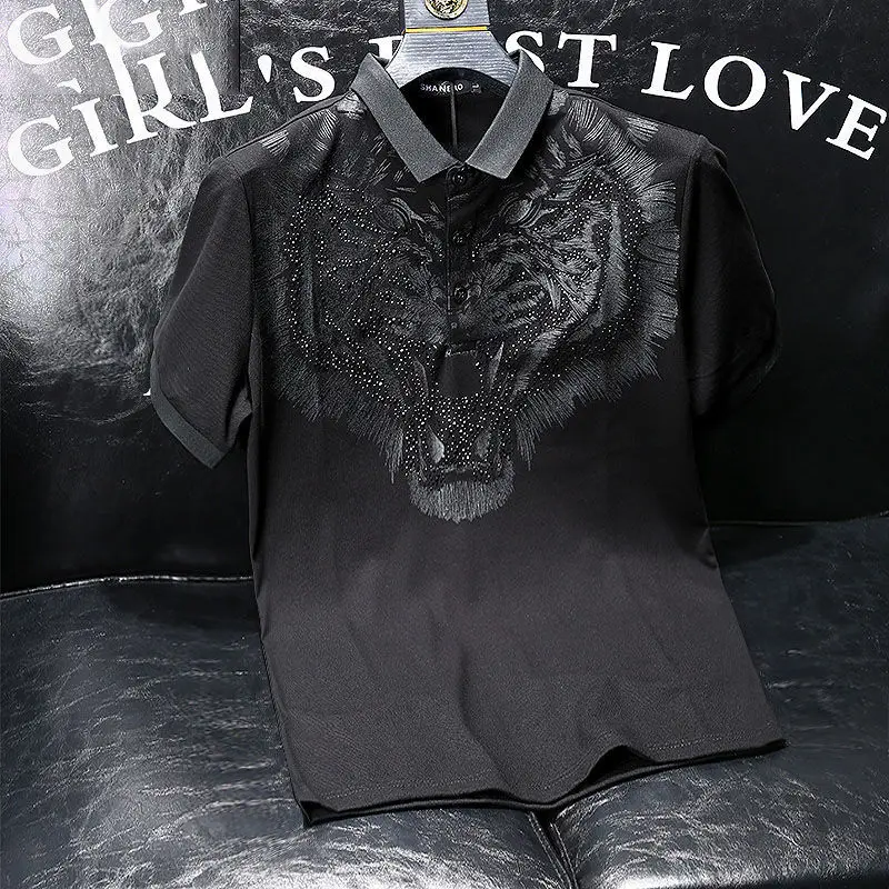 

Summer Men's Shirt Lapel T-shirt Men's Hot Diamond Personality Trend Cotton Black Short-sleeved Shirt Men's Clothing