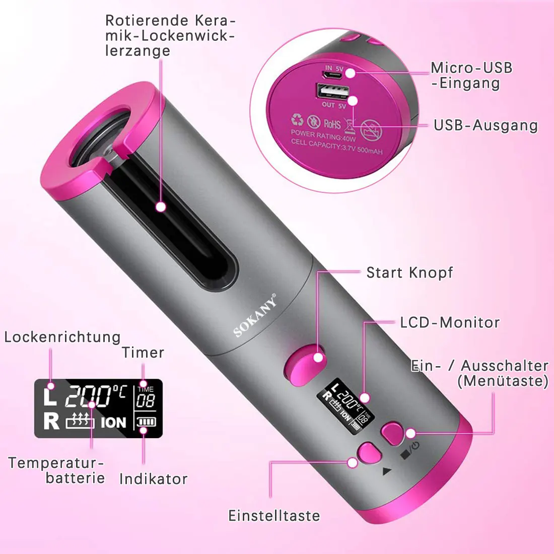 

Cordless Automatic Rotating Hair Curler Wave StyerUSB Rechargeable Curling Iron LED Display Temperature Adjustable styling tool