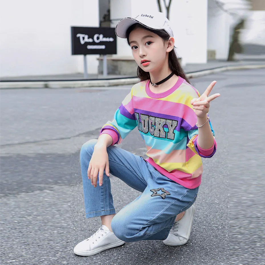 Одежда для подростков девочек свитер в полоску с изображением героев из