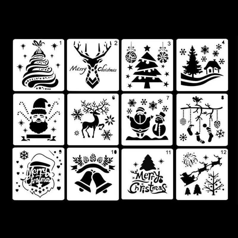 

12 Pcs Plastic Painting Stencil,Christmas Themes Santa Claus Snowman Christmas T