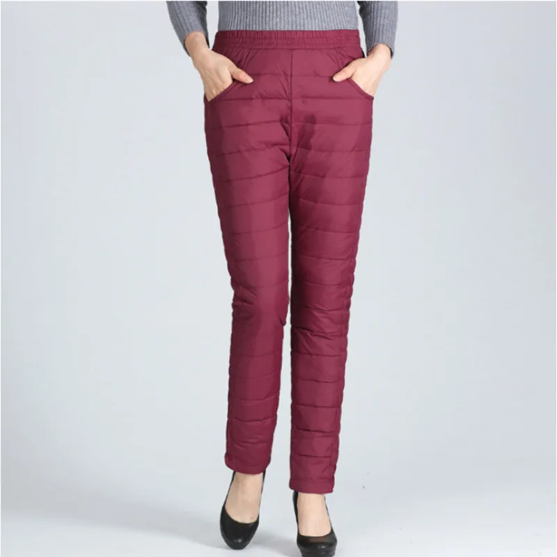 

#2013 Winter 80% Duck Down Pants Women Warm Thickening Elastic High Waisted Warm Plus Size Trousers Middle Aged Red/Purple/Black