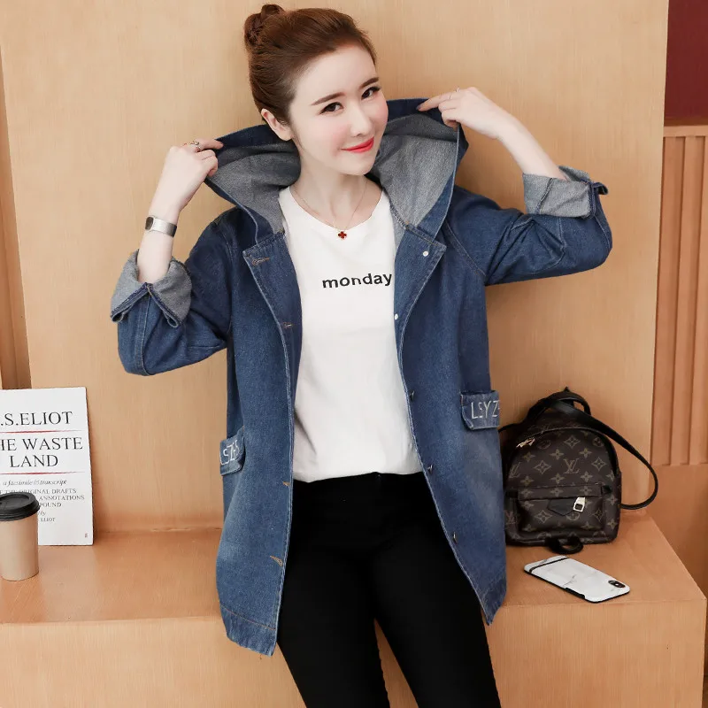 Женская джинсовая куртка с капюшоном свободная повседневная большого размера