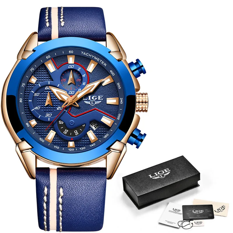 rose gold all blue LIGE, новинка, мужские часы, топ класса люкс, кварцевые часы, синие, повседневные, кожа, военные часы, мужские, водонепроницаемые, спортивные часы, Relogio Masculino - Цвет: rose gold all blue