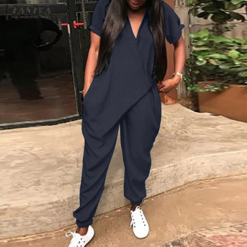 Plus Size Overalls Women's Jumpsuits 2021 ZANZEA Fashion Casual Harem Pants V Neck Button Playsuits Female Short Sleeve Romepers