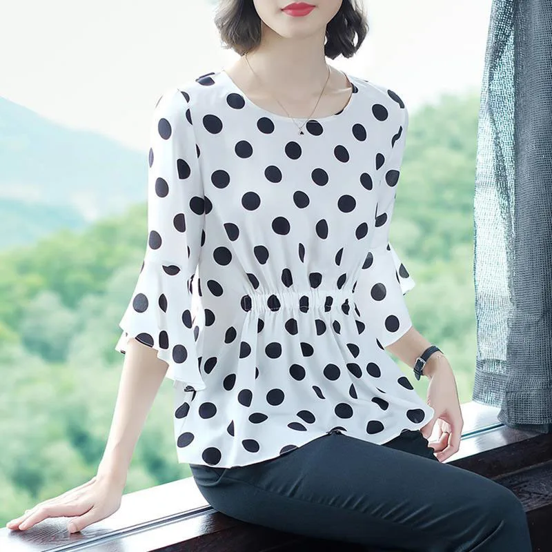 

Mulheres Estilo Chiffon Blusas Camisas Senhora Metade do Alargamento Da Luva Polka Dot Impresso Blusas Tops