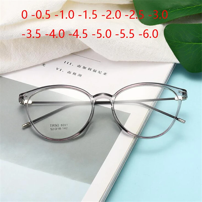 

Ultralight TR90 Steel Wire Leg Finished Myopia Glasses Women Transparent Gray Oval Short-sighted Eyewear 0 -0.5 -1.0 -1.5 To -6