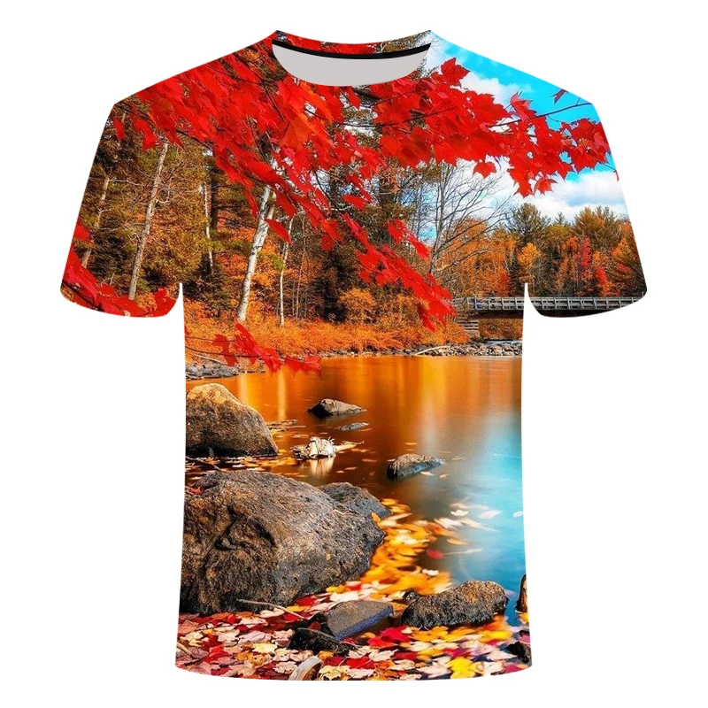 

3D landscape printed men's shirt large round neck short sleeve summer T-shirt